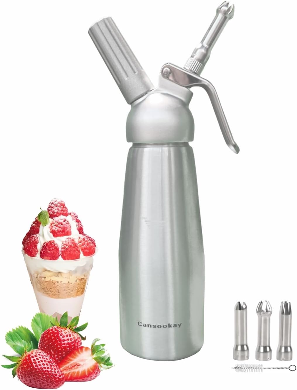 Professional Whipped-Cream Dispenser,500mL/ 1 Pint Whipped Cream Maker with 3 Stainless Steel Tips and Cleaning Brush & Storage Cap,Silver