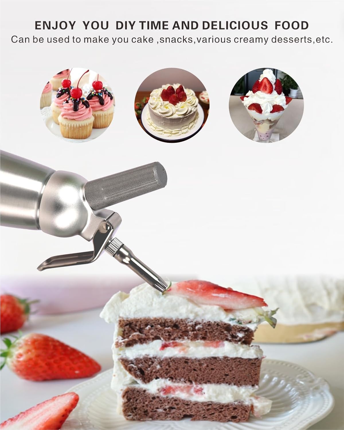 Professional Whipped-Cream Dispenser,500mL/ 1 Pint Whipped Cream Maker with 3 Stainless Steel Tips and Cleaning Brush & Storage Cap,Silver - Image 2