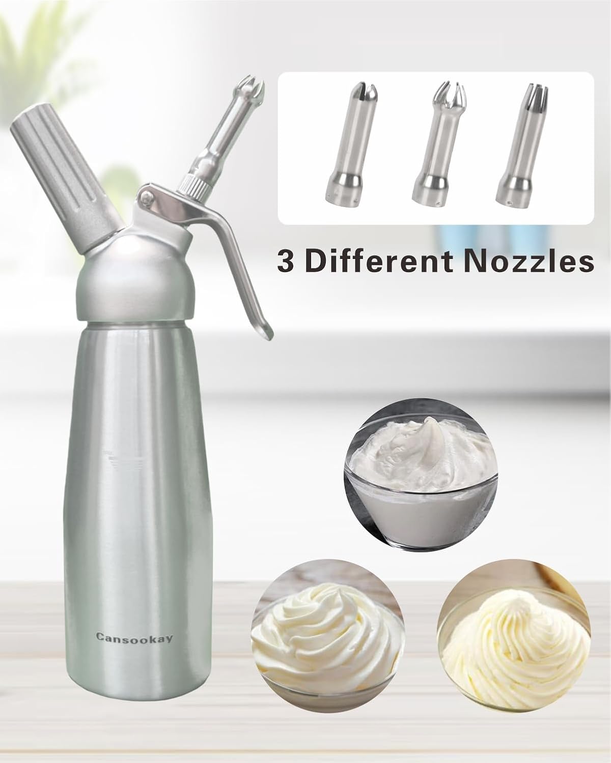 Professional Whipped-Cream Dispenser,500mL/ 1 Pint Whipped Cream Maker with 3 Stainless Steel Tips and Cleaning Brush & Storage Cap,Silver - Image 3