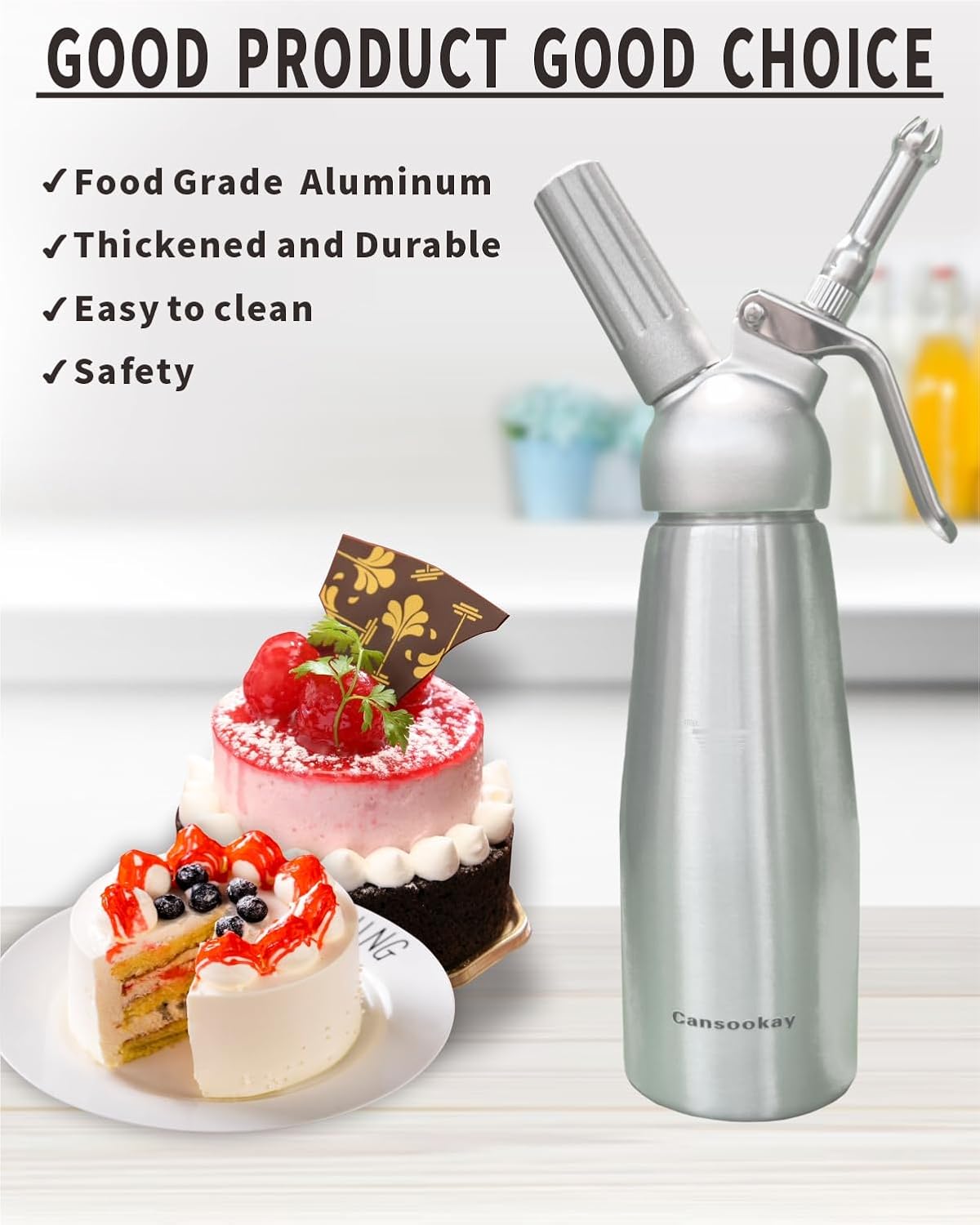 Professional Whipped-Cream Dispenser,500mL/ 1 Pint Whipped Cream Maker with 3 Stainless Steel Tips and Cleaning Brush & Storage Cap,Silver - Image 4