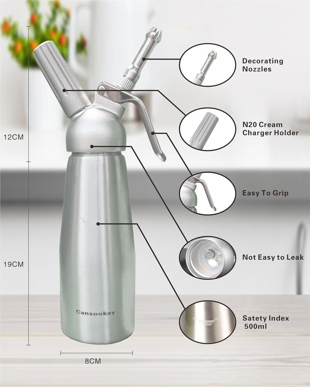 Professional Whipped-Cream Dispenser,500mL/ 1 Pint Whipped Cream Maker with 3 Stainless Steel Tips and Cleaning Brush & Storage Cap,Silver - Image 6