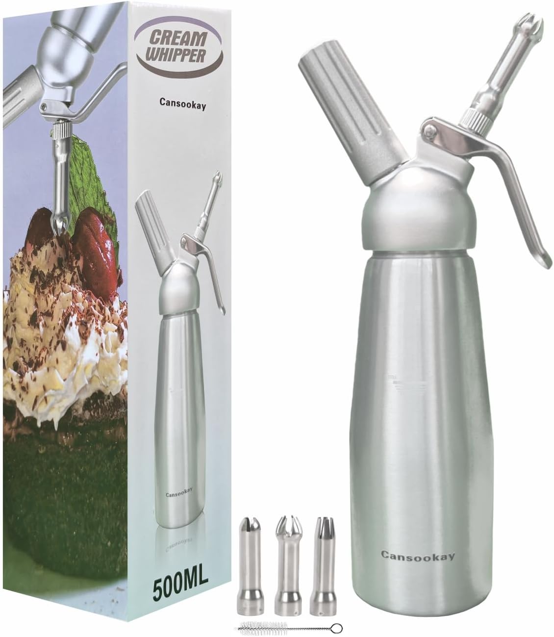 Professional Whipped-Cream Dispenser,500mL/ 1 Pint Whipped Cream Maker with 3 Stainless Steel Tips and Cleaning Brush & Storage Cap,Silver - Image 7